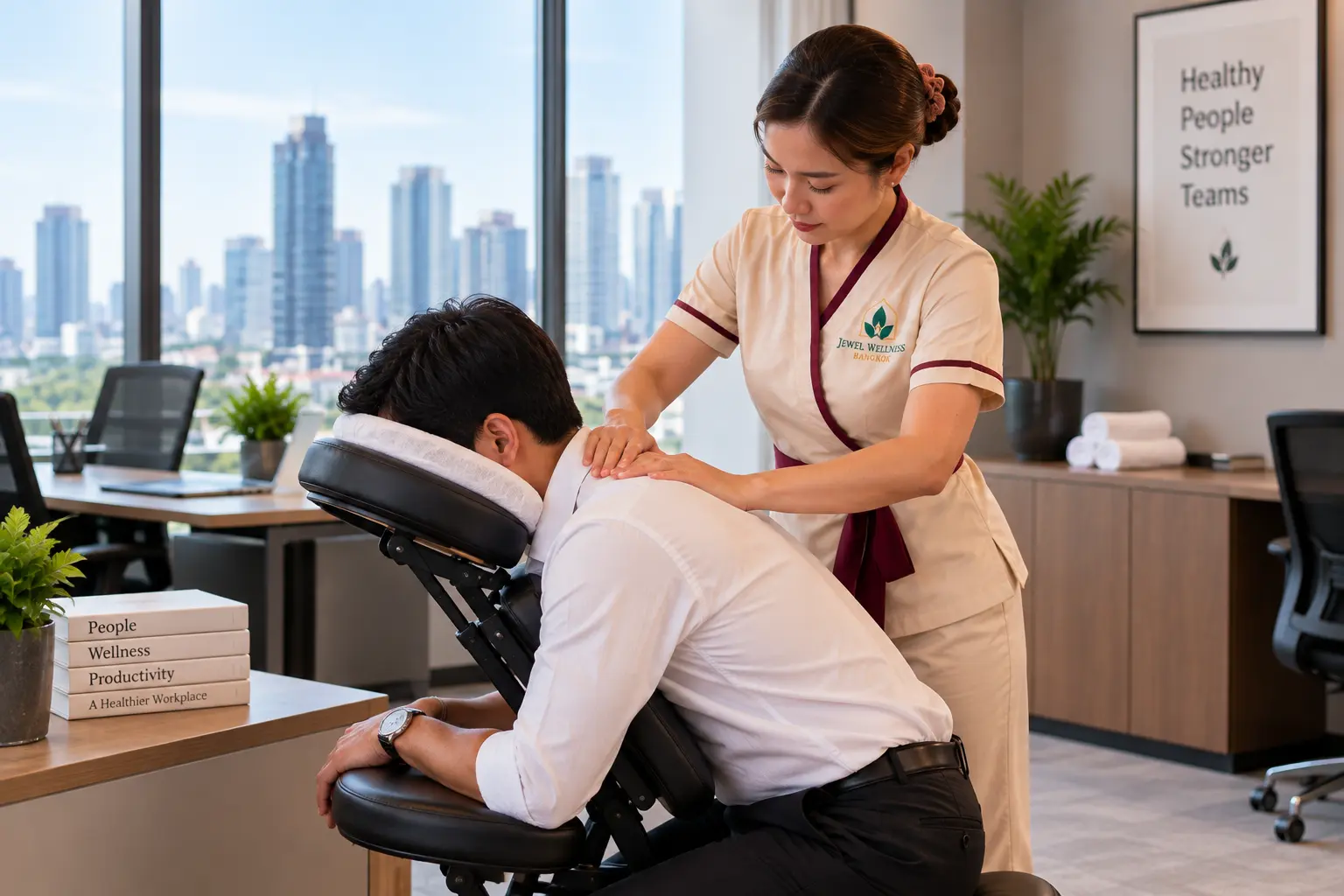 Seated chair massage in a Bangkok office, worked through clothing