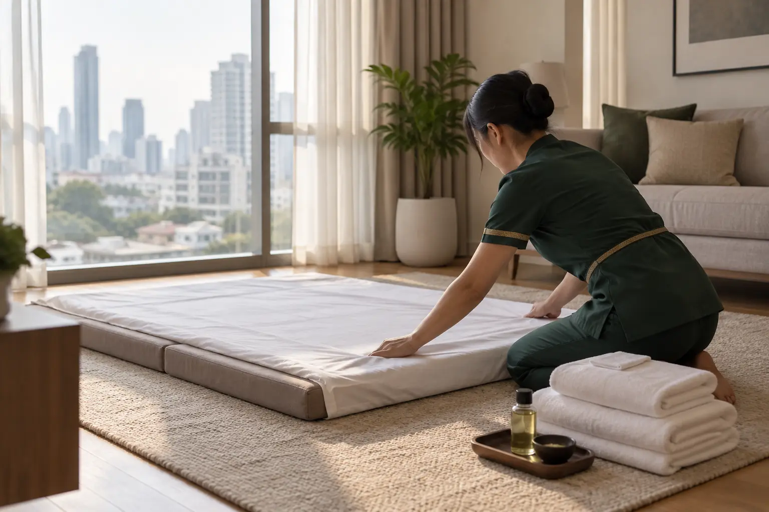 A massage mat prepared with fresh linen in a Bangkok condominium living room
