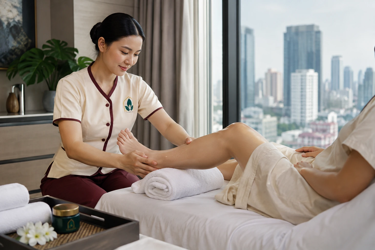 Foot massage in a Bangkok home