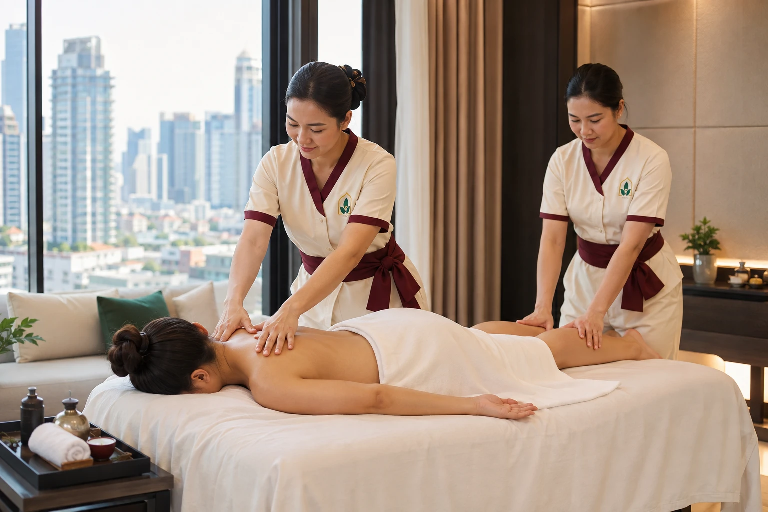 Four hand massage with two therapists in a Bangkok condominium