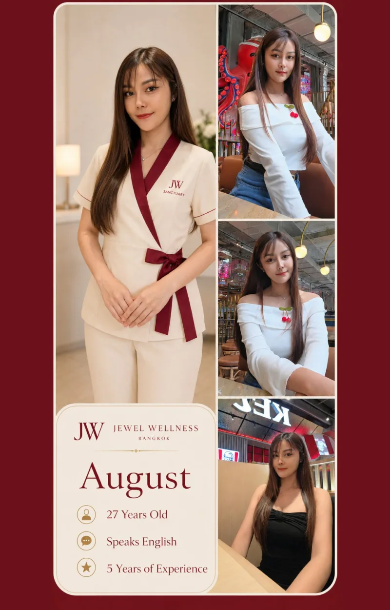 August — Jewel Wellness Therapist. Profile card with photographs and details.