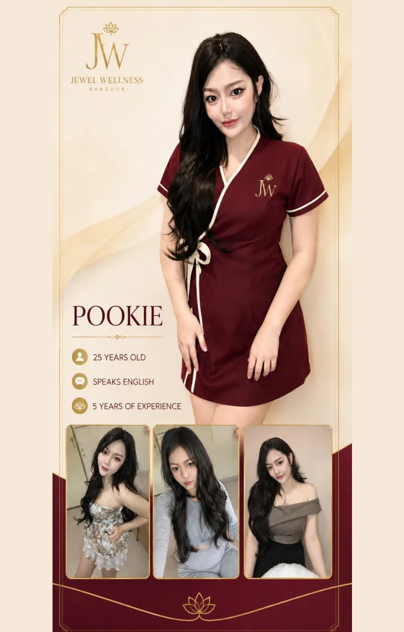 Pookie — Jewel Wellness Therapist. Profile card with photographs and details.
