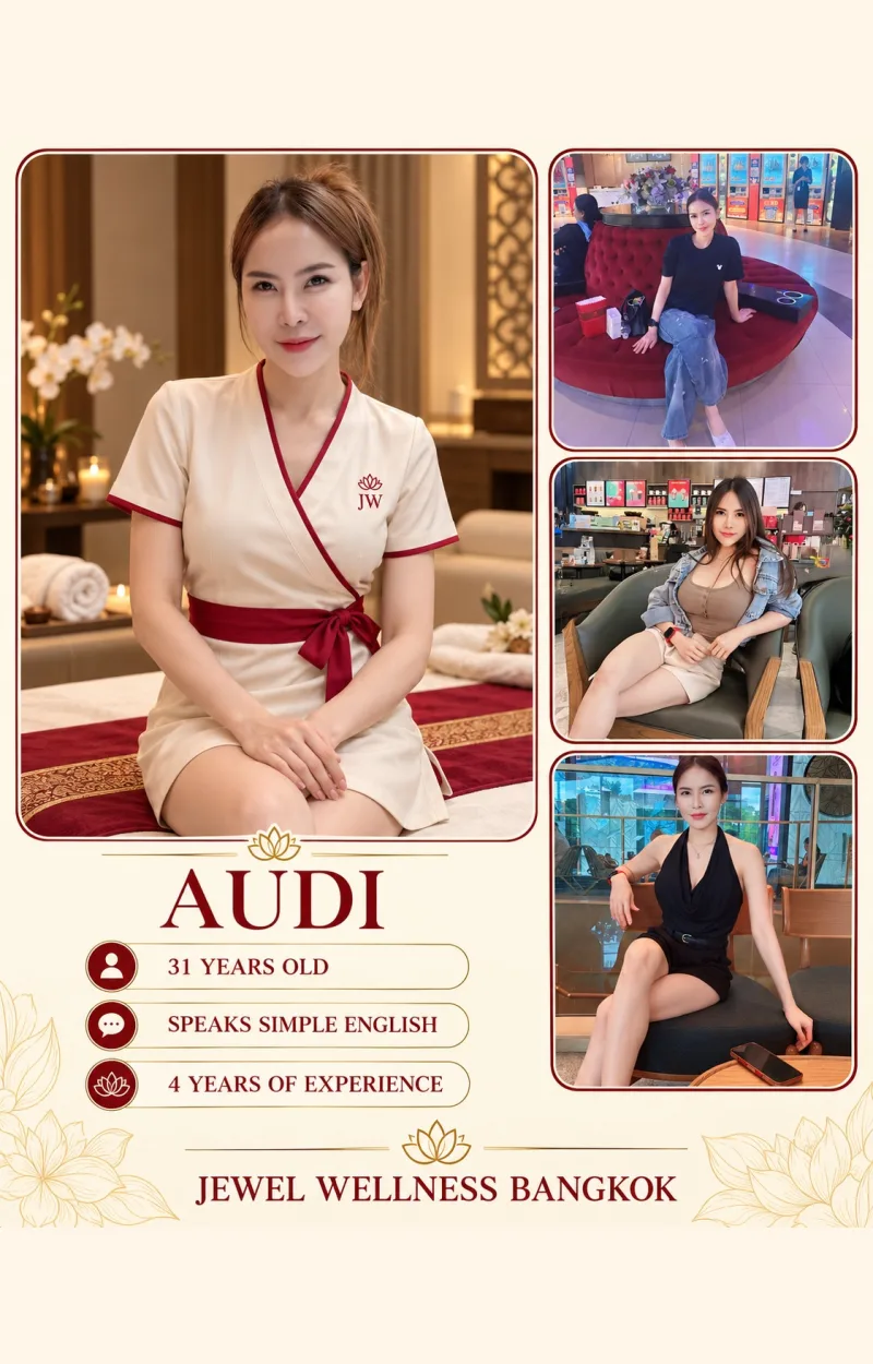 Audi — Jewel Wellness Therapist. Profile card with photographs and details.