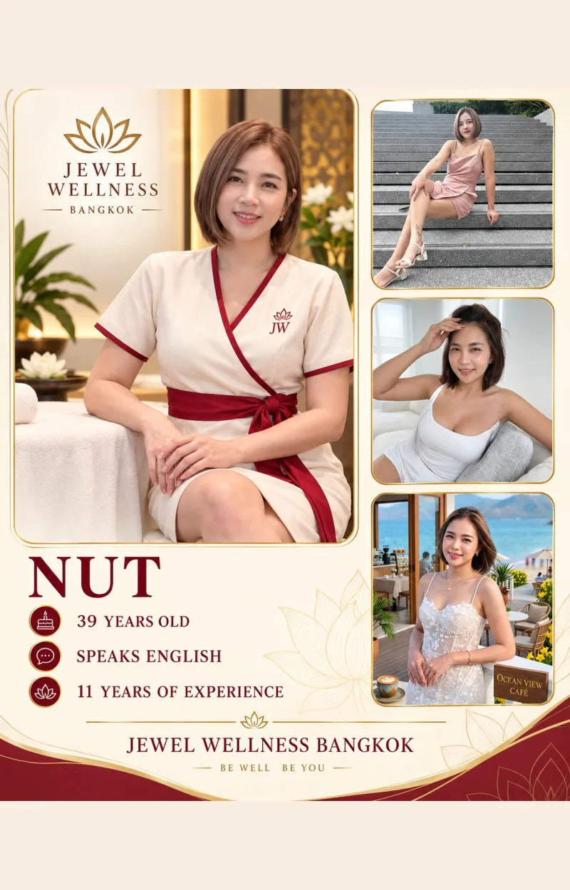 Nut — Jewel Wellness Therapist. Profile card with photographs and details.