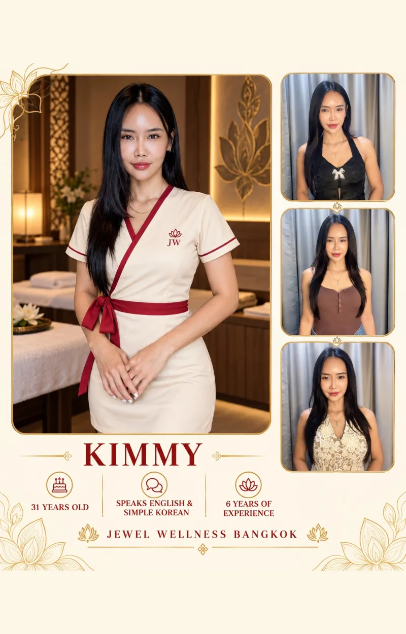 Kimmy — Jewel Wellness Therapist. Profile card with photographs and details.